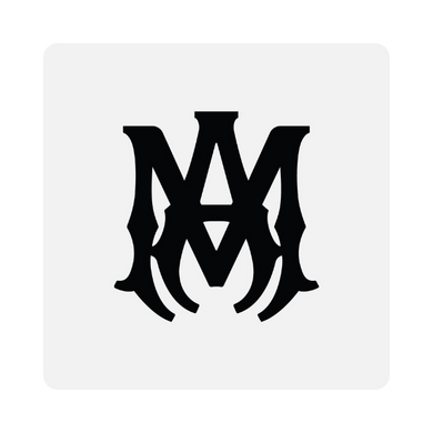 Black Amiri monogram logo on a white square background